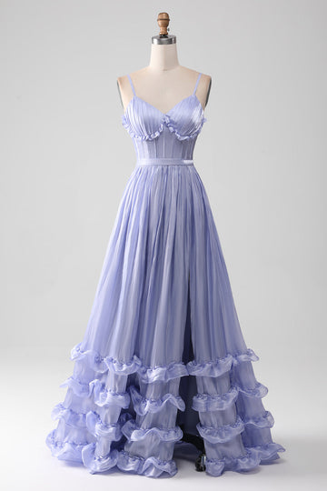 Lavanda Spaghetti Straps A Line Ruffles Prom Dress con spacco